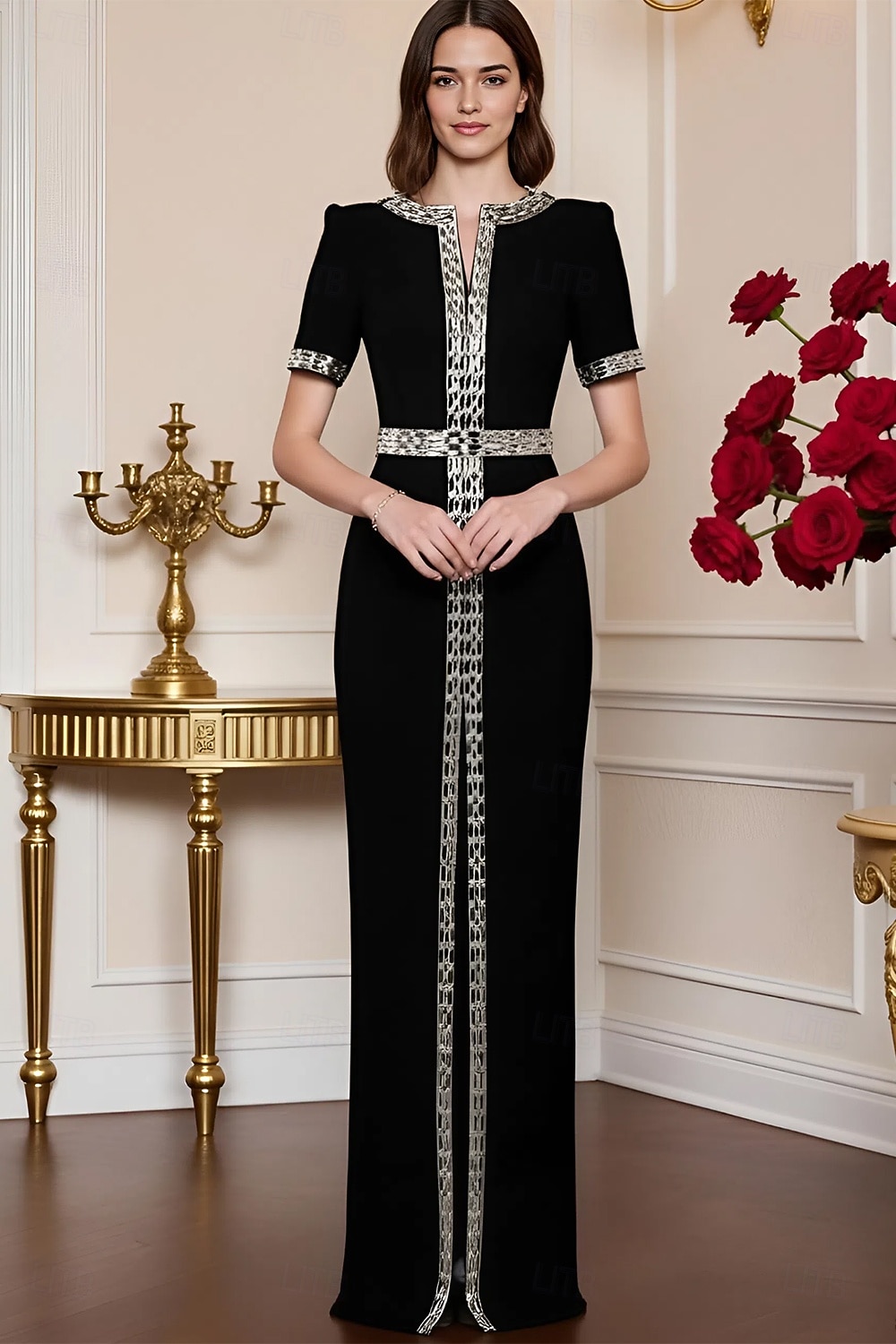 Coloană Teacă Lungime Podea Rochie formala Rochie de seara Rochii de seara Elegant Epocă Rochie Neagră Mică Manșon scurt Stil Nautic Nuntă Oficial Polyester cu Detalii Cristal Mărgele 2026 - $195.99 –P1