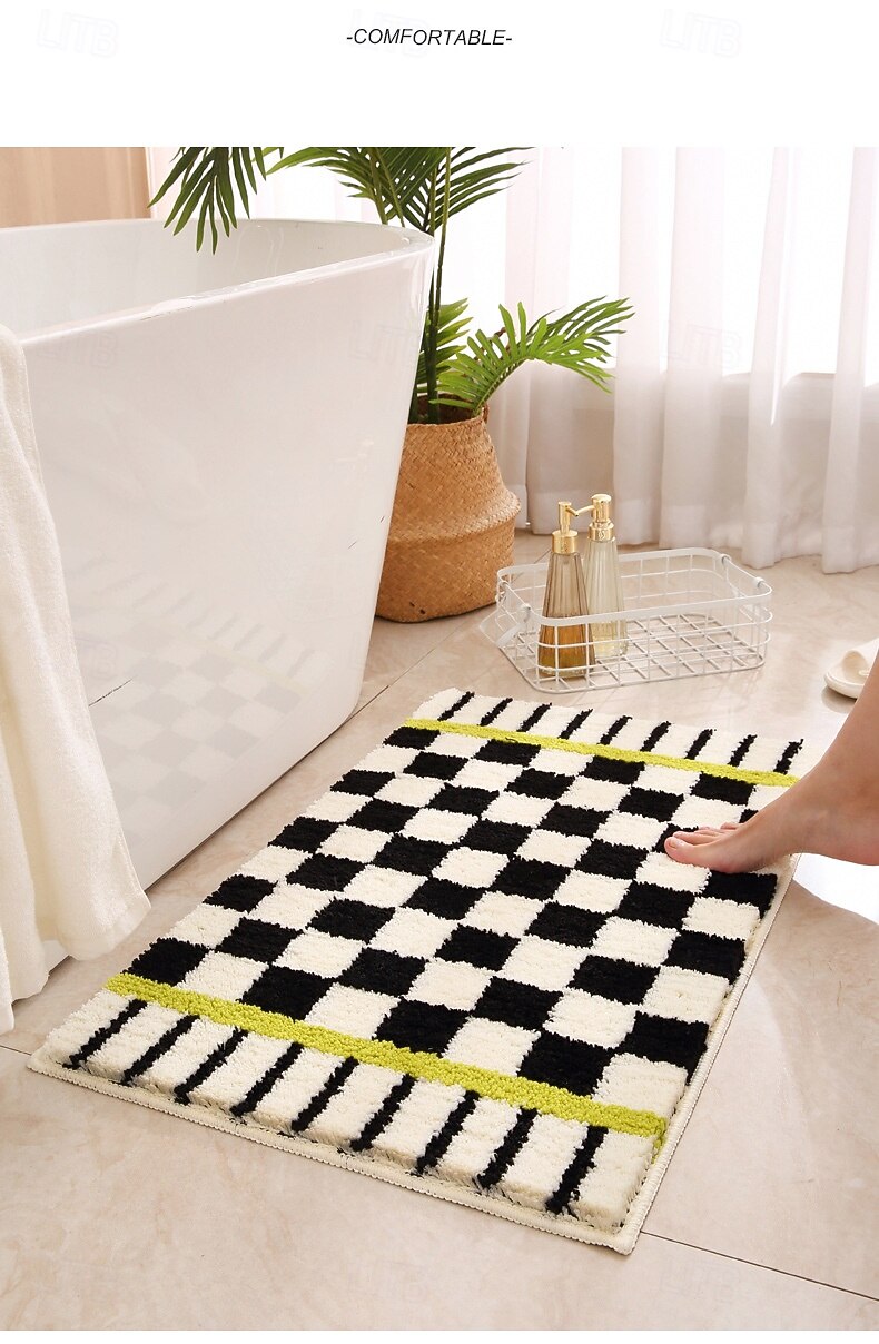 baderomsmatte vintage rutete absorberende hurtigtørkende plysj gulvteppe sklisikker matte til baderom toalett soverom nattbord interiør 2026 - $19.49 –P2