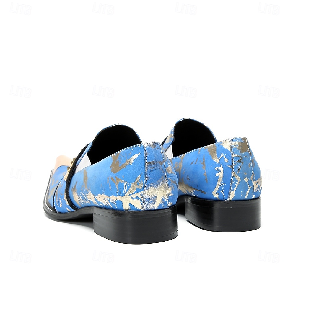 Mocasines de piel patentada azul y dorada para hombre, elegantes detalles de hebilla, zapatos de vestir para negocios y eventos. 2026 - $119.99 –P6