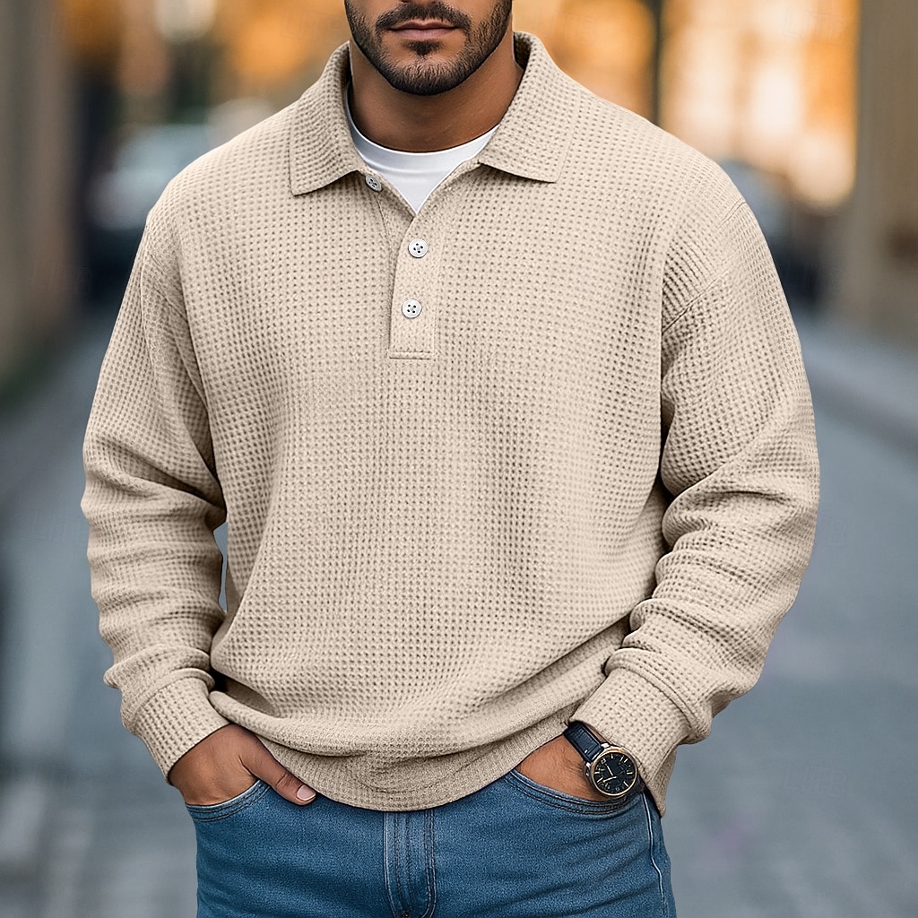 2026年 男性用 ワッフルポロシャツ テクスチャード加工 カジュアル ストリート リブ付きポロカラー 長袖 ファッション 純色 ボタン 平織り 秋 春 & 秋 ルーズフィット パープル カーキ色 ライト ダークブルー ライトブルー ワッフルポロシャツ  コレクション – $26.99 –P9