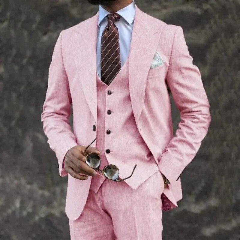 Men's Blazer+Vest+Dress Pants Blazer Jacket Suits Business Work Party Elegant Fashion Spring Fall Linen Solid Color 3-Piece Single Breasted Blazer Blue Dark Gray Light Green Pink 2026 - $119.99 –P2