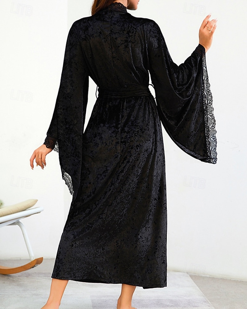Women's Robe Casual Soft Satin Pure Color Lace Patchwork Daily Home Bed Long Sleeve V Neck Black White Wine Summer Spring Loose Fit 2026 - E£2245.39 –P12