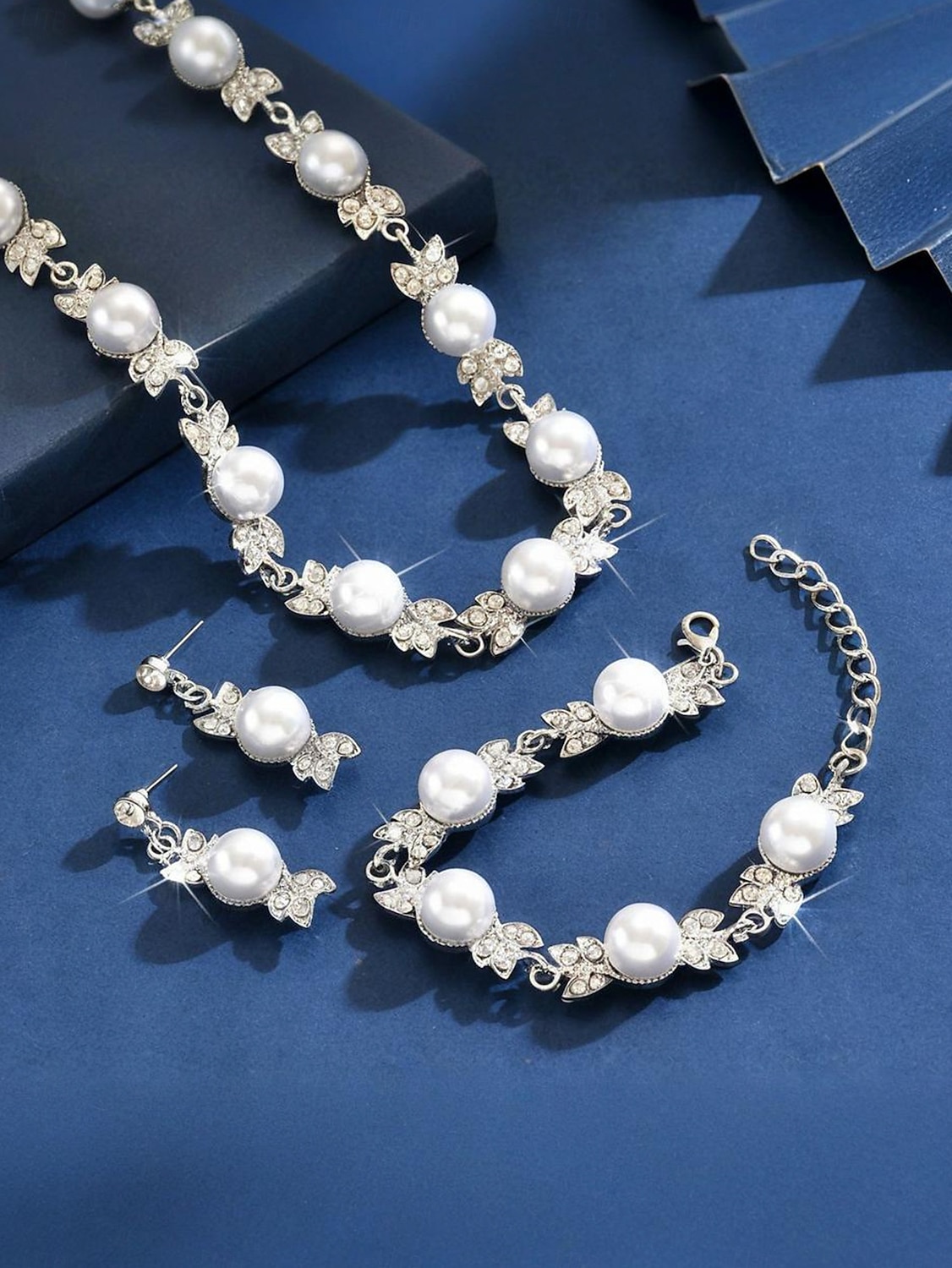 γυναικείο χρυσό &Σετ κοσμημάτων από ελεφαντόδοντο με μαργαριτάρια, κολιέ με στρας, σκουλαρίκια-βραχιόλι, κομψό νυφικό στυλ για γάμο &επίσημες εκδηλώσεις 2026 - $11.99 –P1