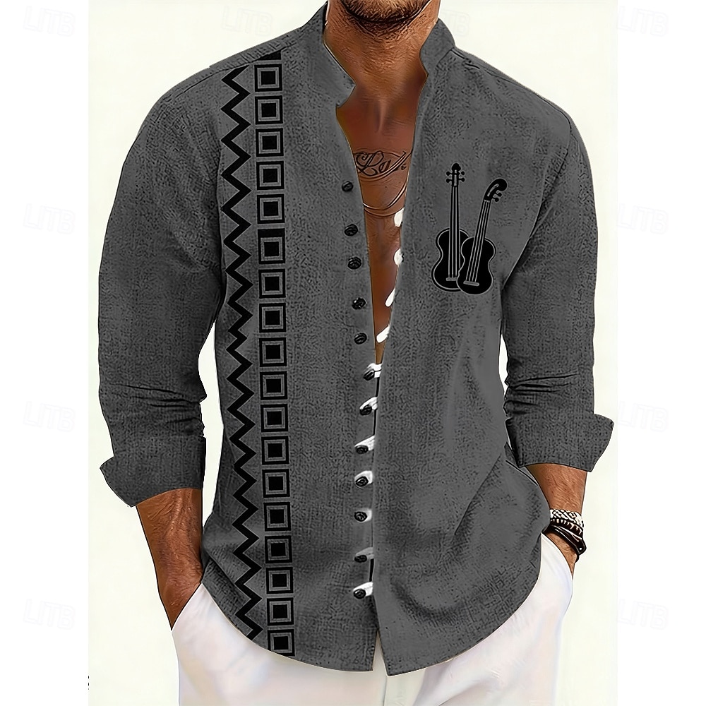 Men's Geometric Pattern Guitar Musical Instrument Shirt Stand Collar Shirt Long Sleeve Vintage Retro Casual Vacation Spring Fall Mandarin Collar Band Collar Button-Down Linen Like Shirt Blue Orange 2026 - $27.99 –P4