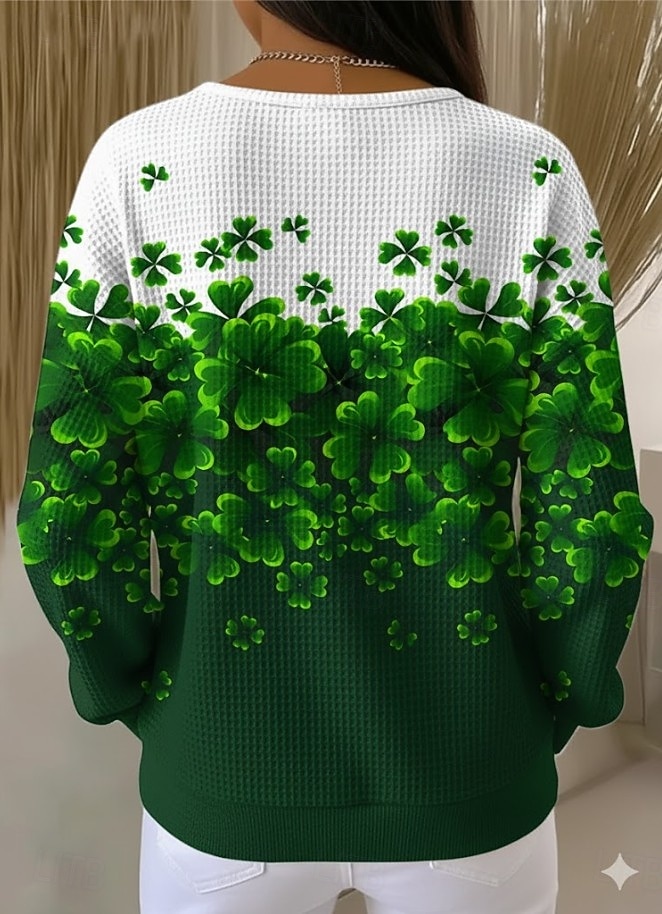 سويت شيرت نسائي من سانت باتريك بمناسبة يوم القديس باتريك برسومات شامروك، دافئ، كلاسيكي، غير رسمي، بأكمام طويلة، رقبة دائرية، أعلى عادي، ملابس يومية، طباعة أزرار، أخضر 2026 - $26.99 –P2