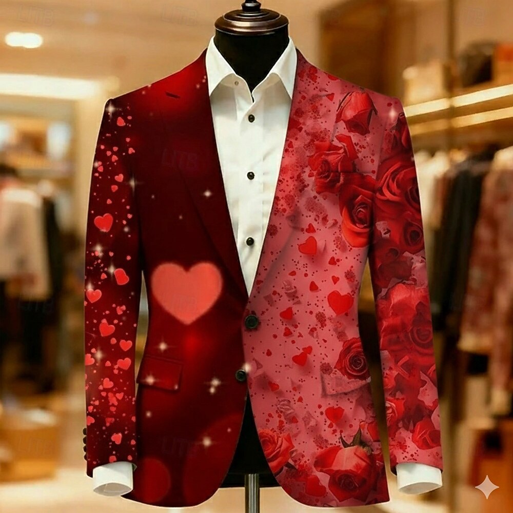 Valentine's Day Men's Heart Blazer Jacket Coat Fashion Comfortable Breathable Artistic Casual Daily Party Evening Wear Festival 3D Print Buttons Multi Pocket All Seasons Notch Long Sleeve Red 1 Red 2 2026 - $85.99 –P3