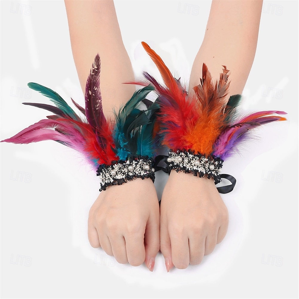 Carnaval 2026 Accesorios de Samba del Carnaval de Río Puños de Plumas para Mujeres Puños de Lentejuelas Brillantes con Plumas de Varios Colores para Danza en Brasil 2026 - $10.49 –P12