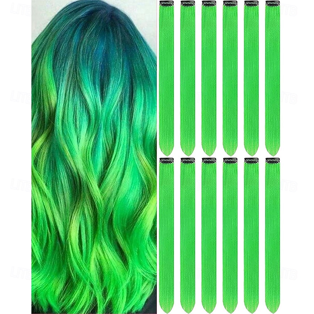 Green Wigs 12 PCS Green Hair Extensions Clip in 22 Inch Colored Hair Accessories Party Highlights Long Straight Synthetic Hairpieces for Women Girls 2026 - $14.49 –P1