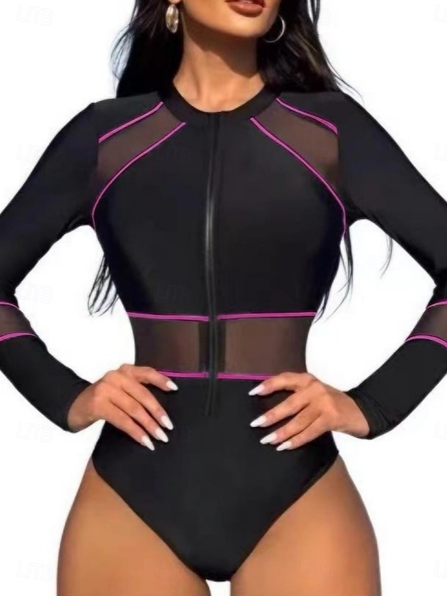 2026年 女性用 ワンピース水着 ジップフロント モノキニ タミーコントロール ハイウエスト スリム バカンス ビーチウェア ソリッドカラー ハイネック 長袖 水着  コレクション – $41.99 –P5