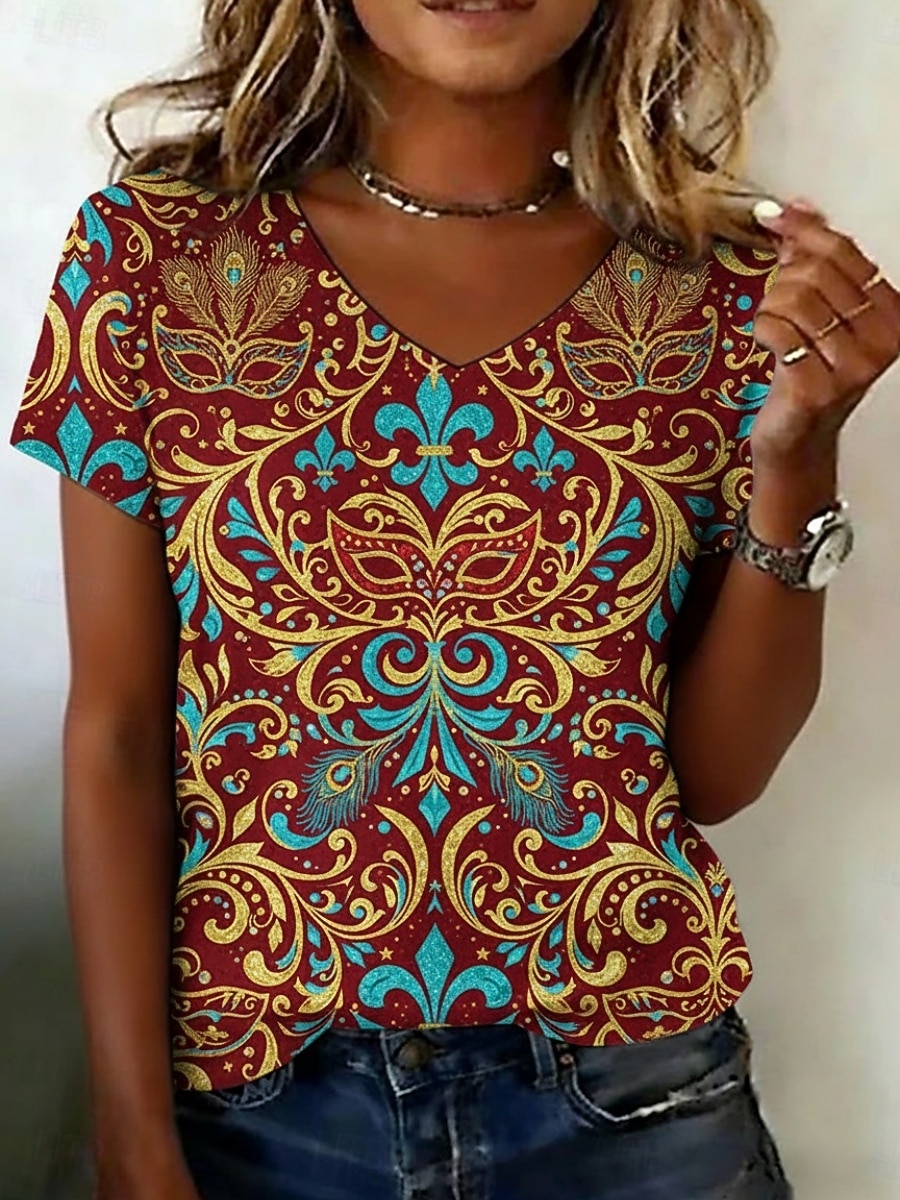 Carnevale Per donna Maglietta Stampato Floreale Grafico Vintage Casual Manica Corta Scollo a V Top Regolari Quotidiano Weekend Abbigliamento da vacanza Vino Estate Primavera del 2026 a $19.49 –P1