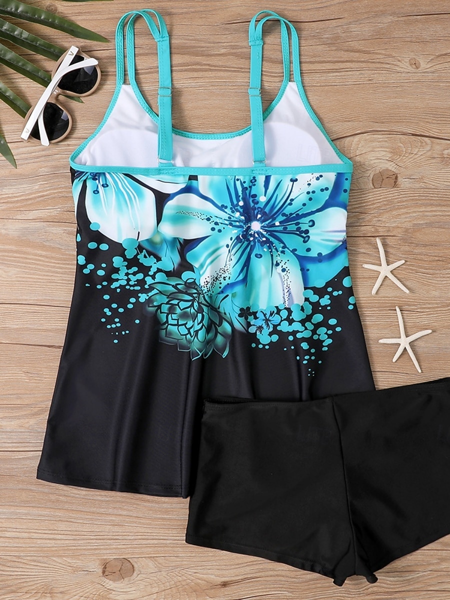 Maillot de bain tankini 2 pièces femme palmiers short contrôle du ventre taille haute slim dos nu vacances plage dégradé géométrique col en U sans manches de 2026 ? $33.99 –P4