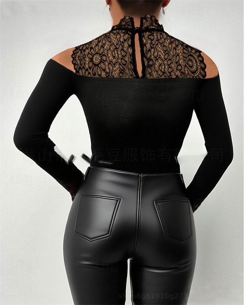 Damen Oberteil mit Spitzenspleiß Sommeroberteile Bluse Elegante Oberteile Gerafft Spitze Patchwork Einfach Elegant Vintage Damen Langarm Hoher Ausschnitt Normale Oberteile Täglich Arbeit Ferien 2026 - $31.99 –P2