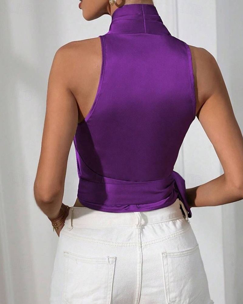 Жен. Блуза Открытая спина Полотняное плетение Стиль Секси Без рукавов НАЙКА НЕКО Обычные топы Праздники На выход Синий Черный Цвет шампанского Светло-зеленый Лиловый Лето Весна 2026 - BHD 10.12 –P8