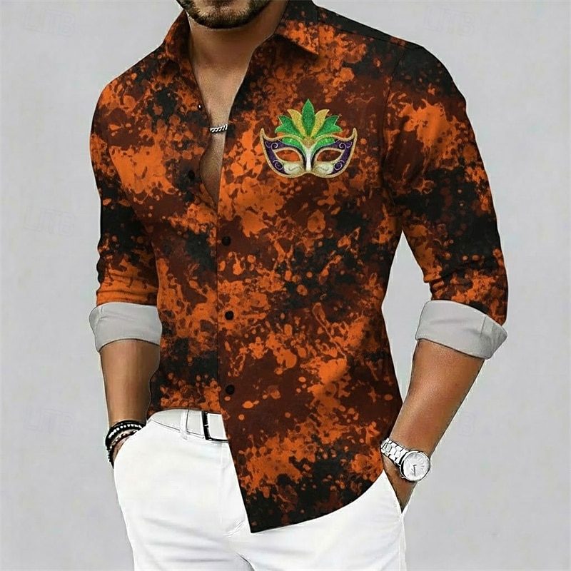 חולצת מרדי גרא לגברים עם צווארון כפתורים - עיטור מסכה גרפי בסגנון קרנבל 2026 - $27.99 –P4