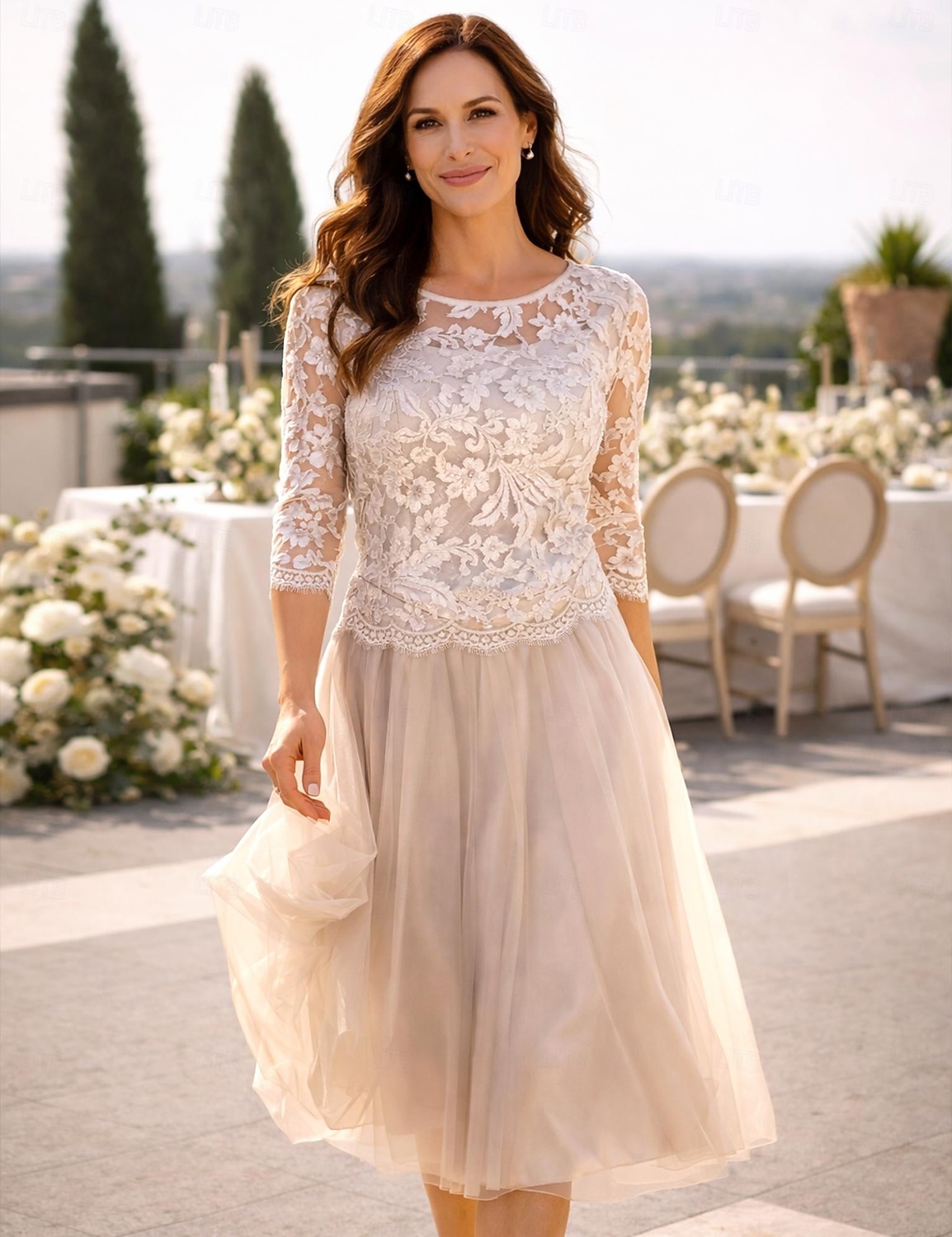 A-lijn Tot de knie Feestjurk Cocktail jurk Bruiloft gast jurk Moeder van de bruid jurk 3/4 mouw Met sieraad Elegant Doorzichtig Bruiloft gast Chiffon Kant Tule met Plooien Appliqués 2026 - $146.99 –P2