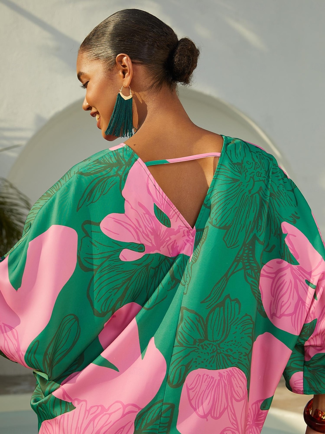 Vacation Contrast Geometric Print Dolman Sleeve Satin Top 2026 - $67.99 –P5