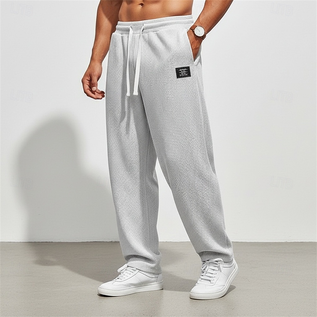 Men's Waffle Sweatpants Trousers Baggy Pants Straight Leg Sweatpants Drawstring Elastic Waist Solid Color Comfort Full Length Daily Outdoor Streetwear Vacation Fashion Black White Micro-elastic 2026 - $25.99 –P16