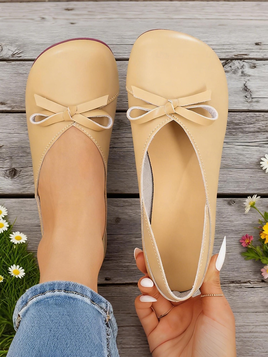 Damen-Ballerinas aus weichem Kunstleder in Mandelfarbe mit weiter Passform und Schleife – minimalistische Slipper für Büro, Freizeit und Schule 2026 - $19.99 –P4