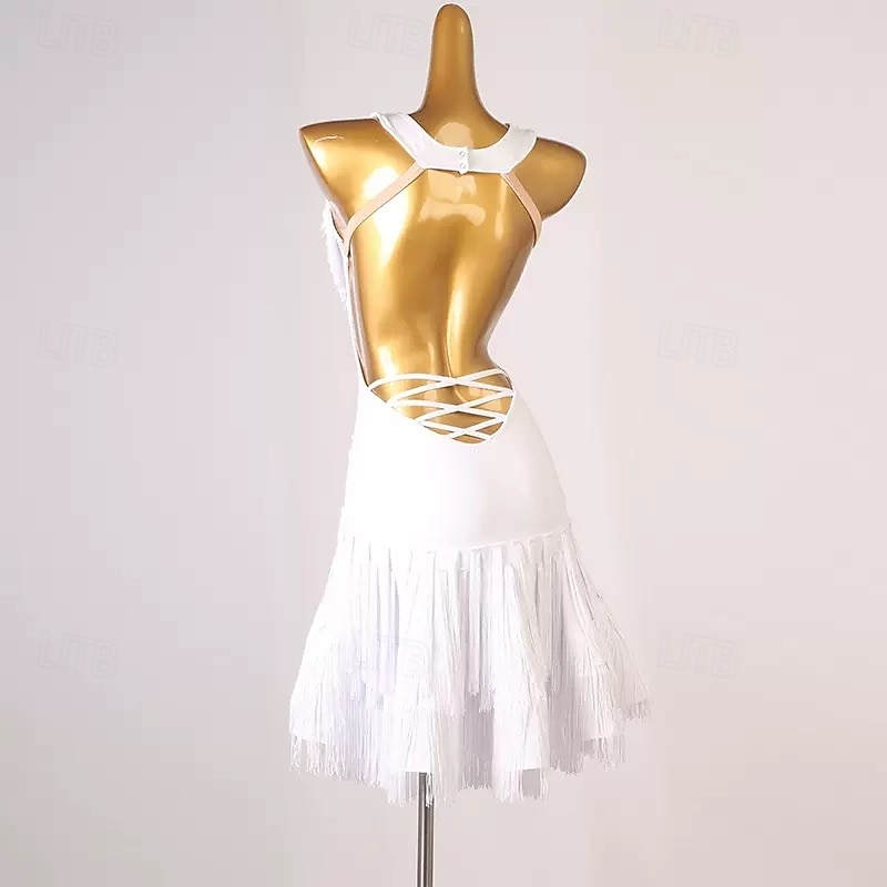 Elegantní černé šaty s třásněmi na latinskoamerické tance pro ženy - kostým s výstřihem do V a bez rukávů na společenský sál, salsu a tango 2026 - $156.99 –P4