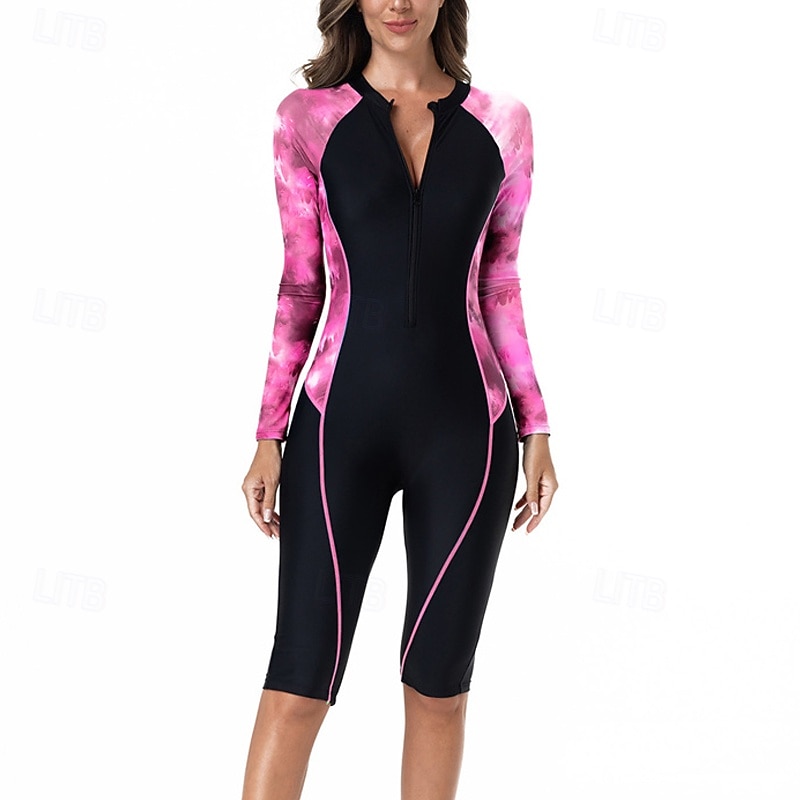Жен. Рашгард Купальный костюм Один Пис Графика Пэчворк Застегнуться УФ-защита Эластичность Длинный рукав Купальники Серфинг Дайвинг Для погружения с трубкой Весна 2026 - $30.99 –P4