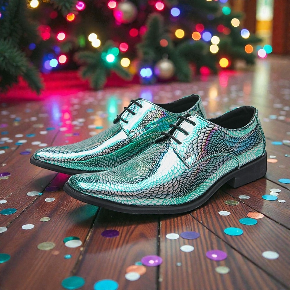 Männer Mardi Gras farbenfrohe schillernde Schlangenprint Anzugschuhe metallic grün und lila Schnürdesign stylisch und mutig ideal für Karneval und festliche Feiern 2026 - $59.99 –P3