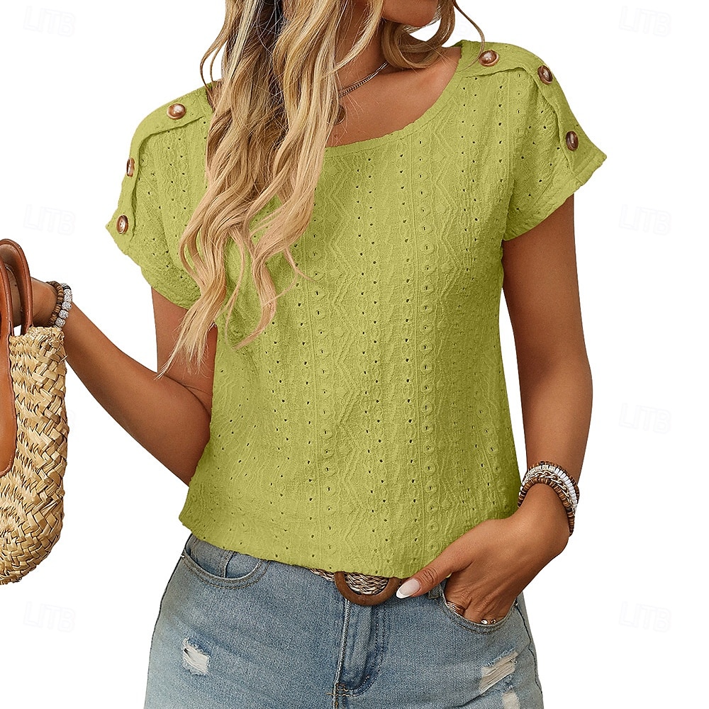 Per donna Maglietta T-shirt con ricamo a occhielli Patchwork Traforato Bottoni Classico Casual Manica Corta Manica a pipistrello Girocollo Top Regolari Quotidiano Weekend Nero Bianco Verde chiaro del 2026 a $22.99 –P6