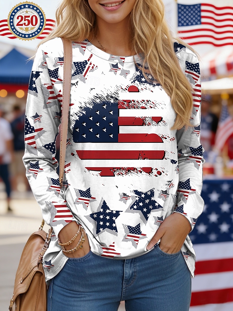 Jour de l'Indépendance Patriote T-shirt Femme Graphique Drapeau Élégant Décontracté Manches Longues Col Ronde Tops Quotidien Impression Bleu Blanc Rouge Été Printemps de 2026 ? $24.99 –P3