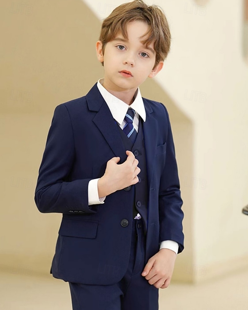 5 Pieces Ring Bearer Suit Boys' Kids Suit Blazer & Vest & Pants & Shirt & Tie Boy's Formal Suit Casual Outdoor Party Fashion Cool Basic Solid Color Pocket Buttons Black Navy Blue Polyester 2026 - $64.99 –P3