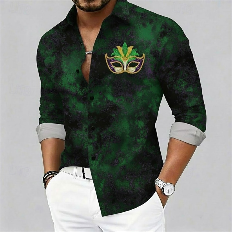 חולצת מרדי גרא לגברים עם צווארון כפתורים - עיטור מסכה גרפי בסגנון קרנבל 2026 - $27.99 –P2