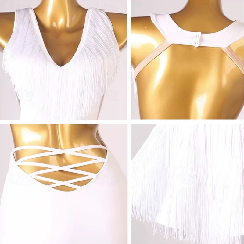 Elegantní černé šaty s třásněmi na latinskoamerické tance pro ženy - kostým s výstřihem do V a bez rukávů na společenský sál, salsu a tango 2026 - $156.99 –P5