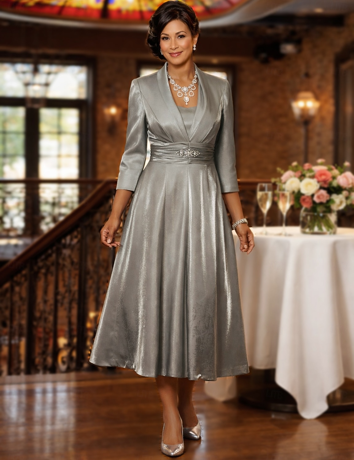 Two Piece A-Line Tea Length Wedding Guest Dress Mother of the Bride Dress  3/4 Length Sleeve Square Neck Elegant Vintage Plus Size Wedding Guest Jacket  Dresses with Ruching 2026 - $149.99