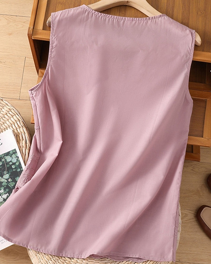 Жен. Летние вершины Блуза Искусственный хлопок и лен Рюши Пэчворк Вышивка Сплошной цвет Элегантный стиль Дамы Стиль Без рукавов U-образный вырез Обычные топы Повседневные Офис На выход 2026 - $21.99 –P5