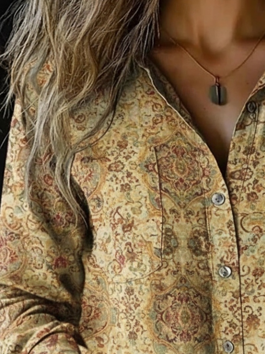 Damen Hemd Boho-Hemd Knöpfe Druck Blumen Vintage Stilvoll Ethnisch Langarm Hemdkragen Normale Oberteile Täglich Ferien Ausgehen Wein Khaki Frühling Herbst 2026 - $12.99 –P3