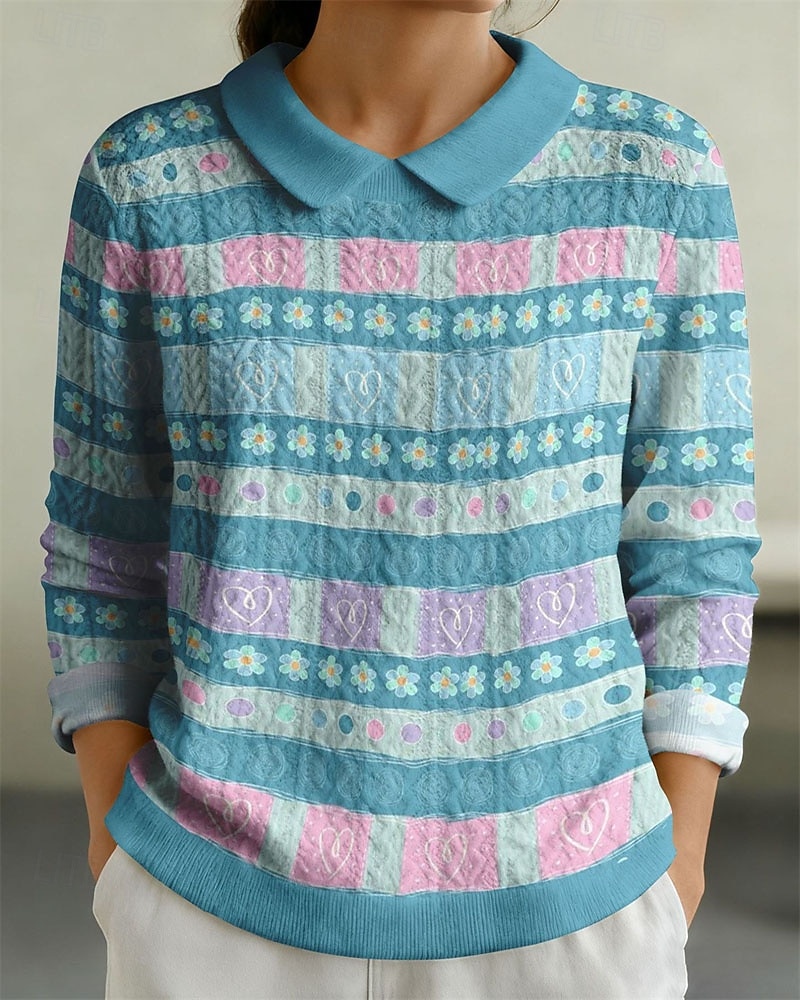 Damen Pullover Sweatshirt Patchwork Druck Grafik Einfach Elegant Warm Mode Langarm Revers Normale Oberteile Heim Arbeit Straße Blau Saphir Rosa Dunkelgrün Violett Herbst Winter 2026 - $29.99 –P1