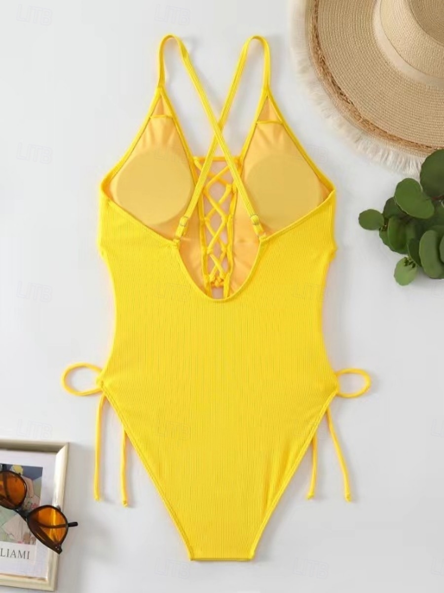 Dames Eendelig Zwempak Sexy Uitsnijding Monokini Buikcontrole Hoge Taille Slank Rugloos Vakantie Strandkleding Effen Kleur V-hals Mouwloos Badpakken 2026 - $32.99 –P10
