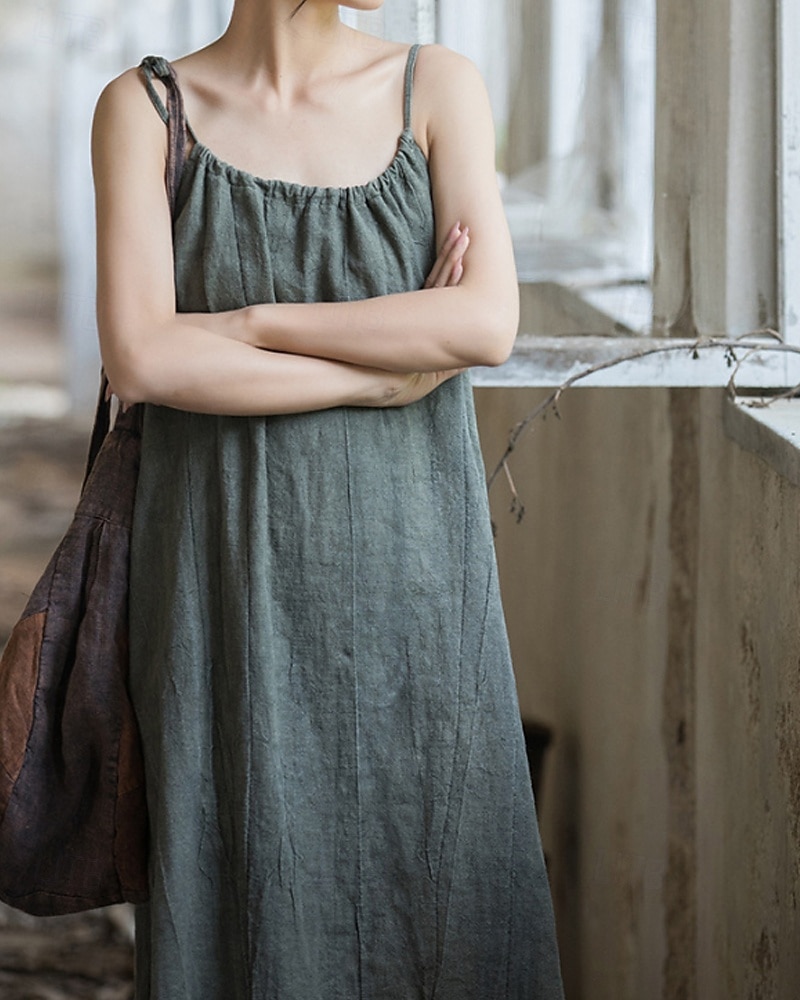 Women's Midi Dress Cotton Linen Dresses Shift Dress Sundress Slip Dress Vintage Fashion Daily Outdoor Vacation Loose Fit Plain Sleeveless Straps Blue Teal White Yellow Summer Spring 2026 - $49.99 –P13