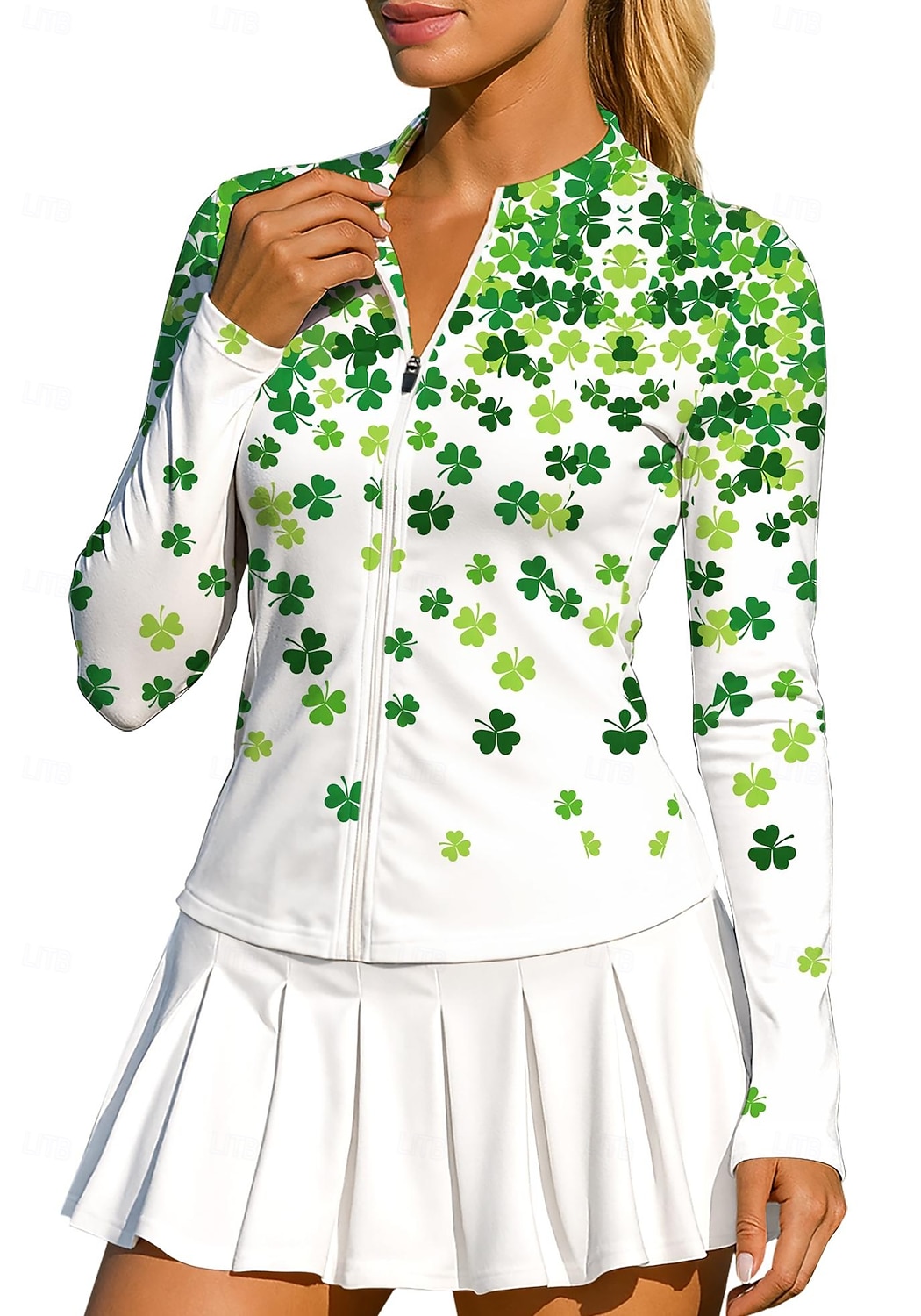 Svatý Patrik Dámské Květiny Trávová zelená Topy Sportovní košile Tenisové tričko Tenisový top Dlouhý rukáv Zip UPF50+ Odolná proti UV záření Vysoká pružnost Odvod vlhkosti Prodyšné Volejbal Tenis Golf 2026 - $20.99 –P4