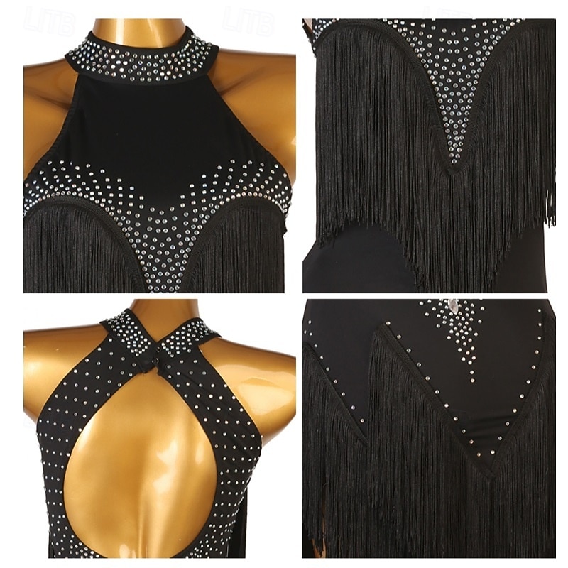 Κομψό μαύρο γυναικείο φόρεμα λάτιν χορού - ψεύτικο ντεκολτέ με τιράντες και λεπτομέρειες από στρας, κρόσσια &ασύμμετρο στρίφωμα rumba salsa cha-cha φόρεμα 2026 - $199.99 –P4