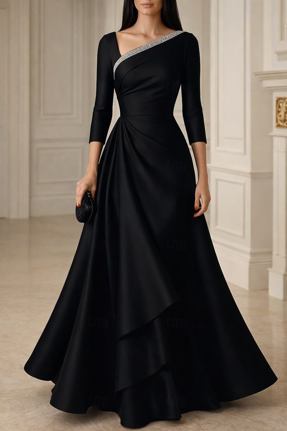 A-Line Floor Length Evening Gown Ball Gown Formal Dress Elegant Tiered Plisse 3/4 Length Sleeve V Neck Wedding Formal Satin with Rhinestone Ruffles Solid Color 2026 - $182.99 –P1