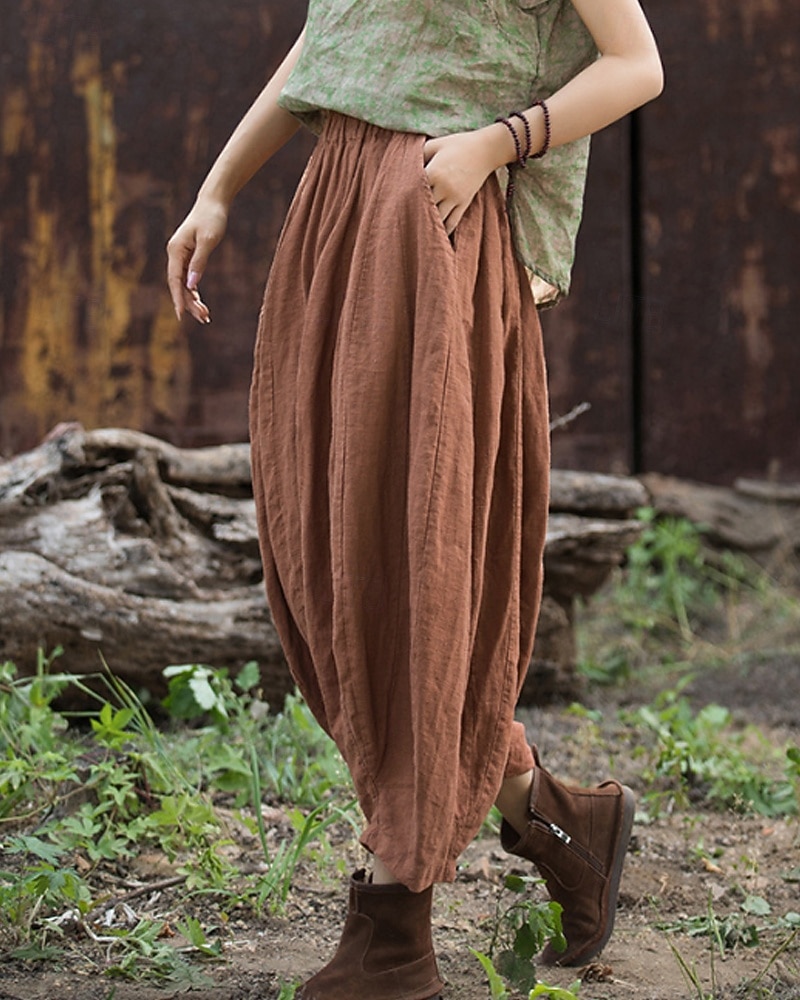 Pantaloni da donna in lino biologico con elastico in vita e tasche a lanterna del 2026 a $49.99 –P17