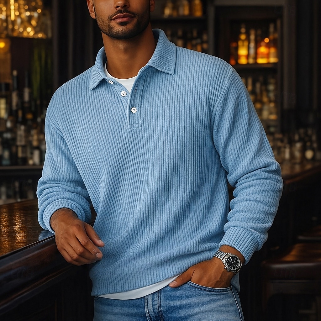 Homens Camiseta de Veludo Textura Casual Esportes Lapela Manga Longa Moda Básico Bloco de cor Botões Estriado Outono Primavera & Outono Outono & inverno Normal Preto Azul Marinha cáqui Cinzento Azul de 2026 por $25.99 –P1