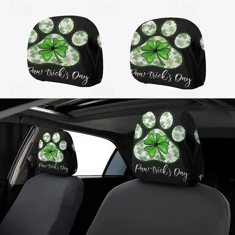 2 capas de encosto de cabeça para carro com trevo verde | compatíveis com todos os veículos, pretas &Adesivo para carro com estampa de trevo verde, design plano 2D, poliéster, fácil instalação - de 2026 por $7.99 –P5