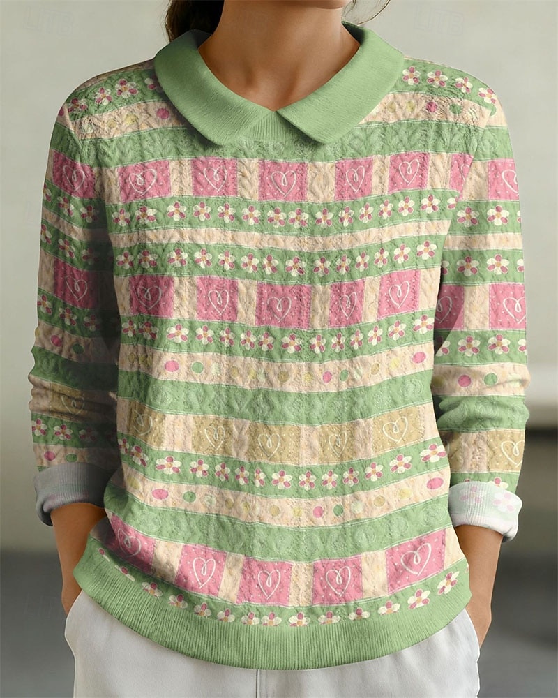 Damen Pullover Sweatshirt Patchwork Druck Grafik Einfach Elegant Warm Mode Langarm Revers Normale Oberteile Heim Arbeit Straße Blau Saphir Rosa Dunkelgrün Violett Herbst Winter 2026 - $29.99 –P3