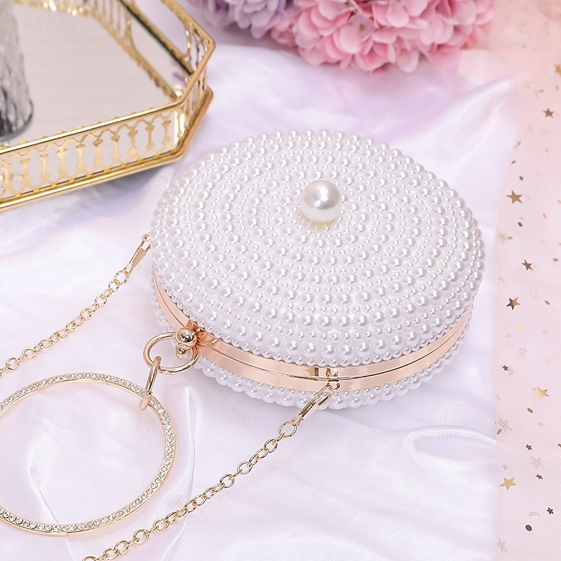 Women's Wallet Evening Bag Evening Bag Coin Purse Leather Party Wedding Party Pearls Solid Color Gold / White Almond 2026 - $42.99 –P10