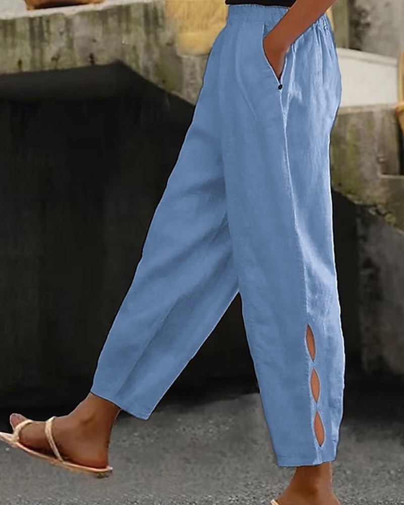 Women's Cotton Linen Pants Chinos Summer Pants Vacation Streetwear Casual Full Length Medium Waist Plain Pocket Elastic Waistband Comfortable Breathable Inelastic Daily Outdoor Street White Sky Blue 2026 - $23.99 –P5