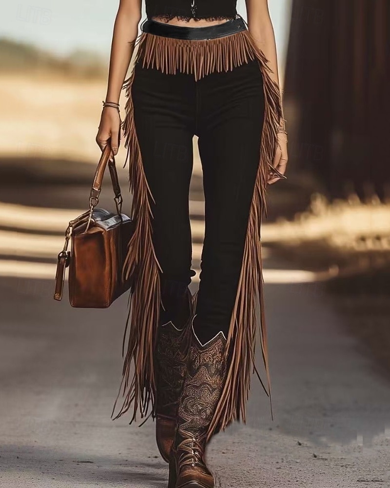 Mujer Ajustado Chinos Vacaciones Ropa de calle Casual Longitud total Media cintura Floral Borlas Confortable Rígido Diario Exterior Vacaciones Negro Primavera Otoño Ajuste regular 2026 - $44.99 –P1