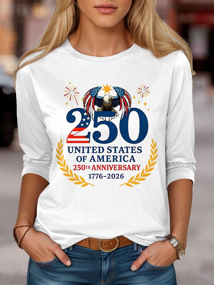 Independensdagen Amerikansk Jubilé Patriotisk Dam T Shirt Grafisk USA Flagga Mode Stilig Klassisk Långärmad Rundhals Daglig Helgtryck Svart Vit Röd Sommar Vår Höst 2026 - $24.99 –P2