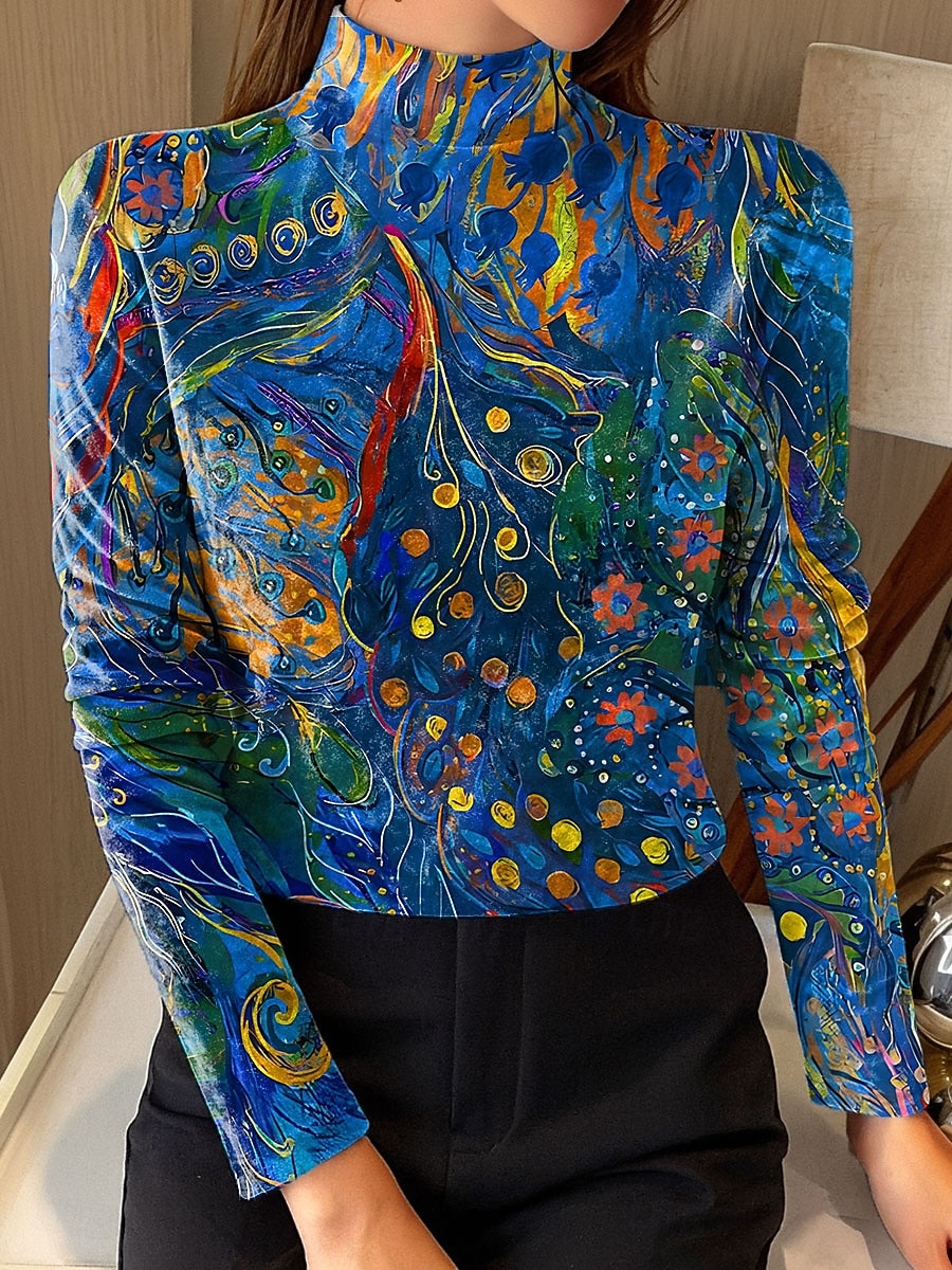 Women's Tunic Tee Print Floral Graphic Elegant Vintage Fashion Long Sleeve High Neck Crop Tops Daily Going out Weekend Yellow Navy Blue Light Blue Spring 2026 - $26.99 –P2