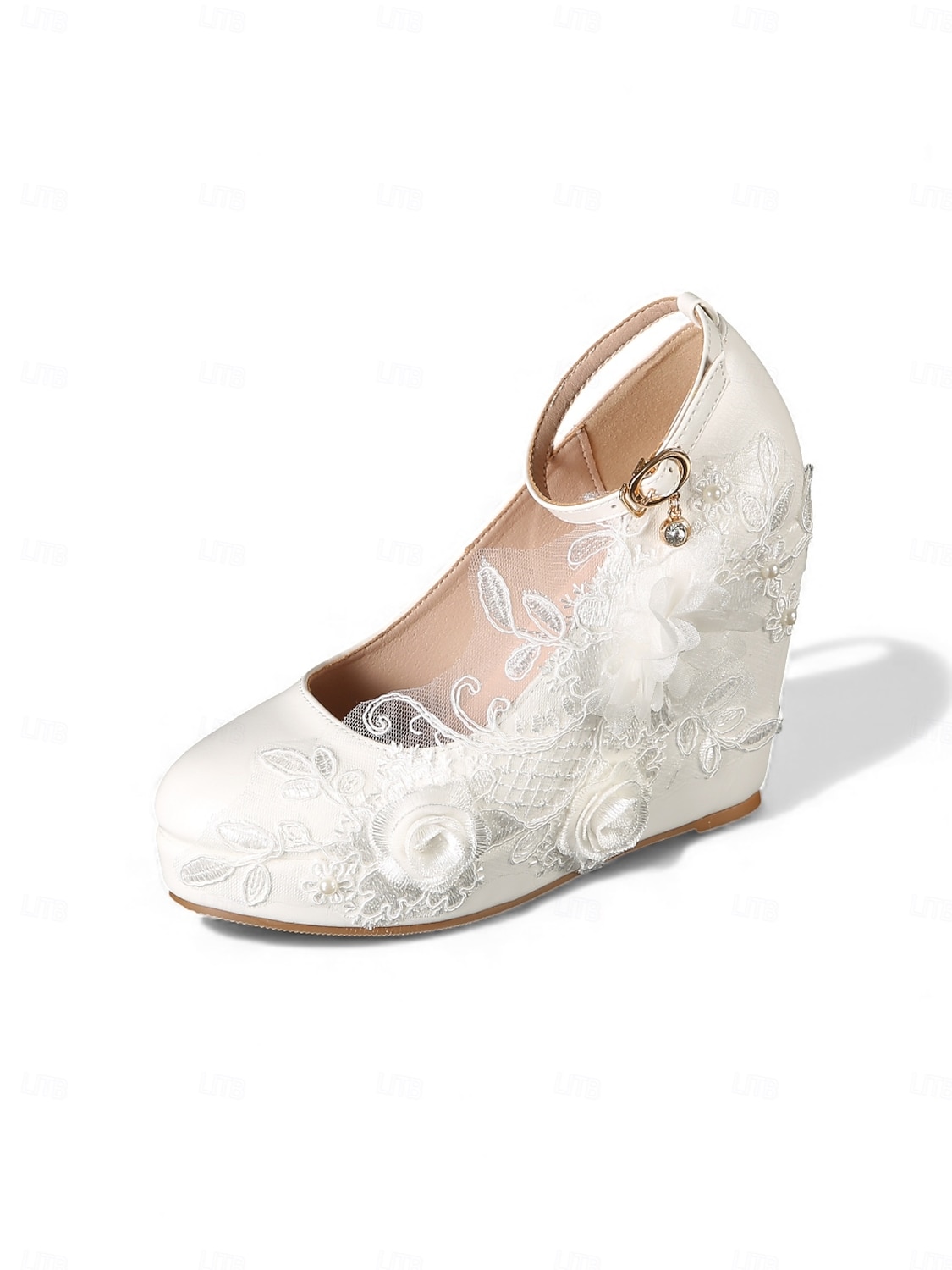 Zapatos de boda de cuña con encaje floral color marfil para mujer: tacones de plataforma con correa en el tobillo, estilo romántico y elegante para novias en bodas urbanas. 2026 - $59.99 –P1