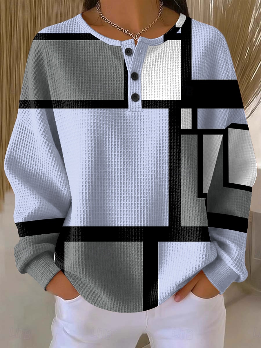 Dam Huvtröjor Knappar Grafisk Geometrisk Färgblock Mode Ledigt Tryck Långärmad Rund hals Vanliga toppar Ledigt Gata Blå Rodnande Rosa Purpur Grön Höst Vinter 2026 - $28.99 –P2